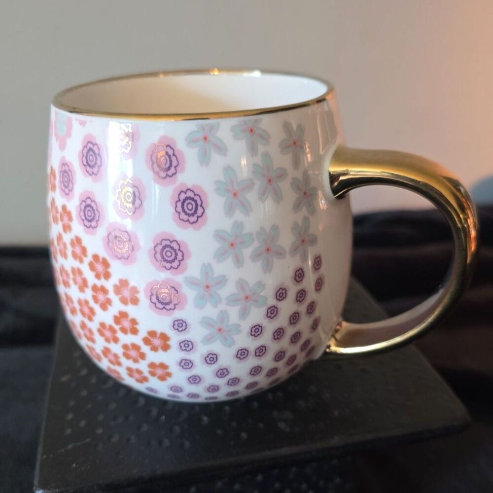 Thyme & Table Stoneware Floral Mug 16oz Gold Handle Trim Core Home - New